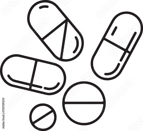 Simple outline drawing of various pharmaceutical pills and capsules