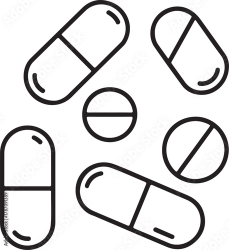 Outline drawing of various pills and capsules on white background