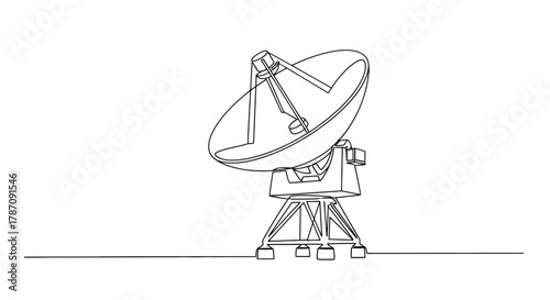 A minimalist black and white line drawing of a large satellite dish on a sturdy tripod base against a plain white background