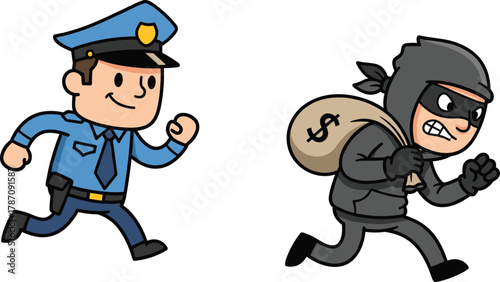 PrintCartoon police officer, chasing thief, crime scene, stolen money, law enforcement, action pose, justice, arrest, pursuit, animated illustration