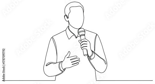 Minimalist single line drawing of a man speaking into a microphone with his hand gesturing