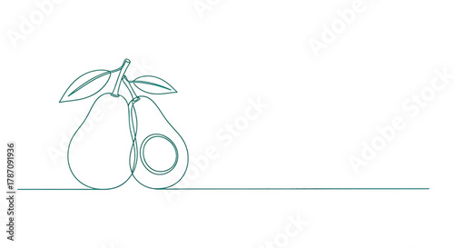 Minimalist single line drawing of two avocados one halved revealing a seed with green leaves on a white background