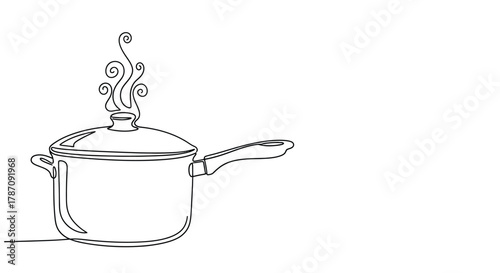 Minimalist single line drawing of a steaming cooking pot with a handle and lid on a white background