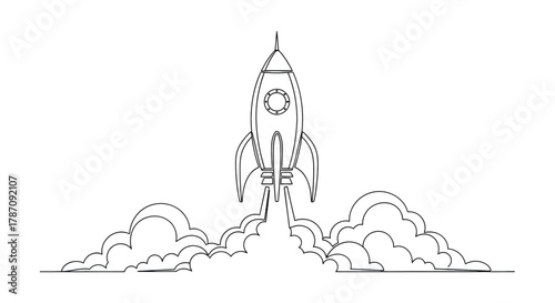 Retro style rocket ship launching with billowing smoke and clouds against a white background