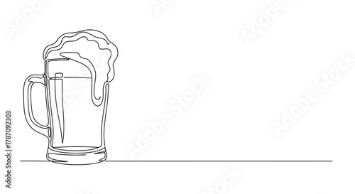 Minimalist continuous line drawing of a frothy beer mug overflowing with bubbles on a white background