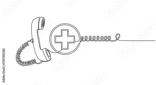 Continuous line drawing of a vintage telephone receiver connected to a medical cross symbol