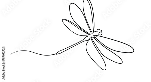 Elegant single line drawing of a dragonfly in flight with delicate wings and a long slender tail on a white background