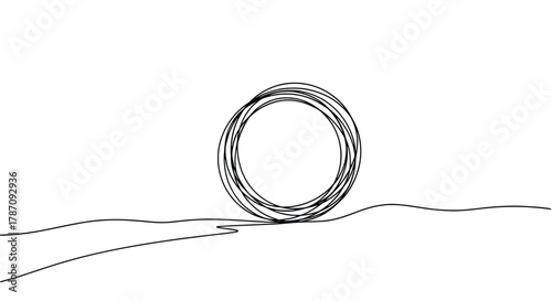 A single continuous black line forms a chaotic circle resting on a wavy landscape against a white background