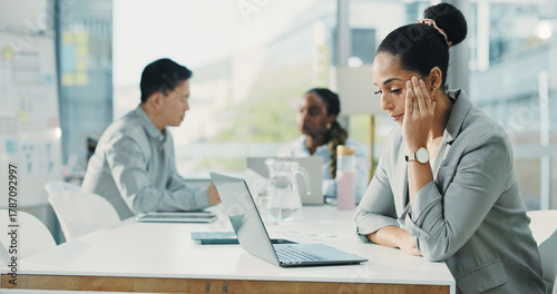 Canvas Print Tired, businesswoman or headache in office with laptop for financial crisis, issue or problem solving