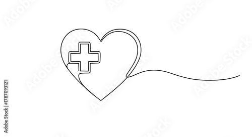 Minimalist single line drawing of a heart with a medical cross inside representing healthcare and well being