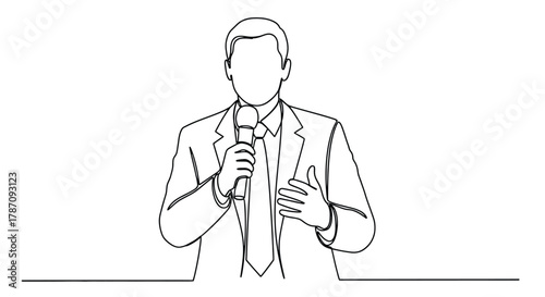 A minimalist single line drawing of a man in a suit holding a microphone and gesturing with his hand
