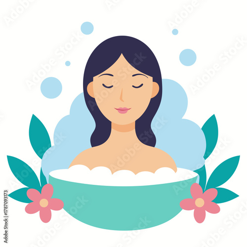 Woman enjoying a facial steam bath with flowers vector on white background.