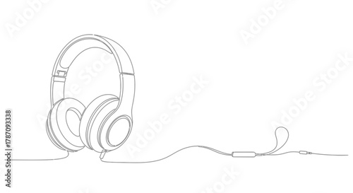 Minimalist single line drawing of modern over ear headphones with attached audio cable and plug