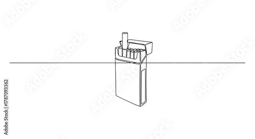 Minimalist single line drawing of an open pack of cigarettes with a single cigarette standing upright