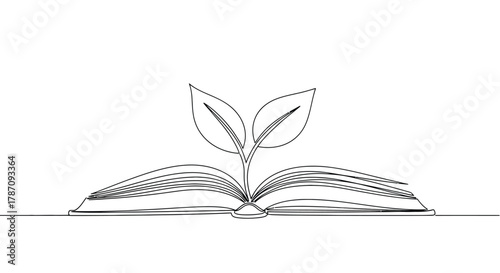 A single continuous line drawing depicts an open book with a seedling growing from its pages symbolizing knowledge and growth