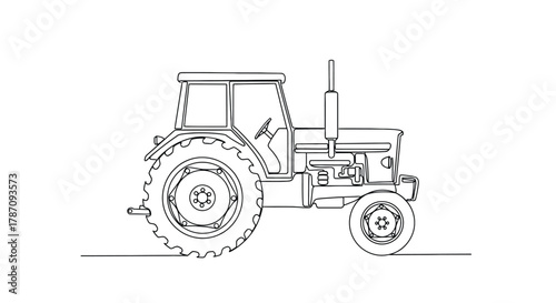A detailed black and white line drawing of a classic agricultural tractor with large rear wheels and a smaller front wheel