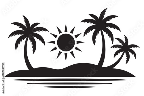 Tropical island tree silhouette icon with palm tree and ground shadow on a clean white background

