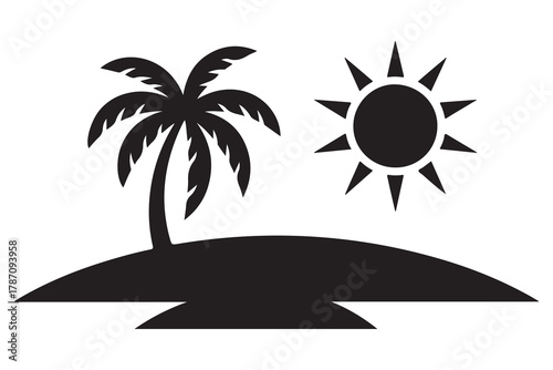 Tropical island tree silhouette icon with palm tree and ground shadow on a clean white background
