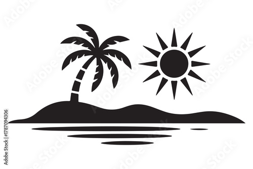 Tropical island tree silhouette icon with palm tree and ground shadow on a clean white background
