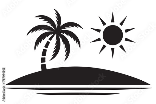 Tropical island tree silhouette icon with palm tree and ground shadow on a clean white background
