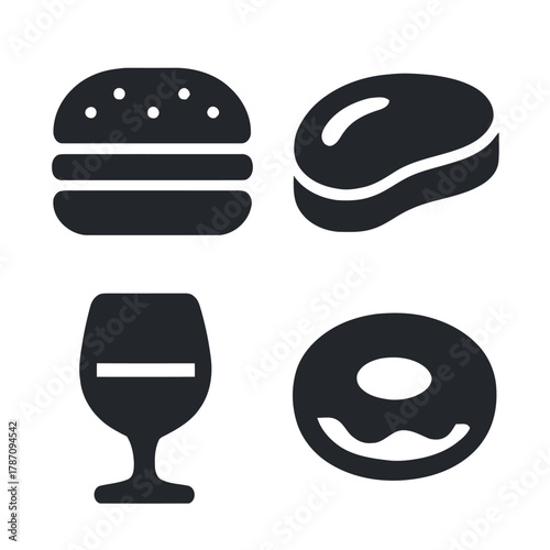Four simple food icons burger steak wine glass donut isolated on white