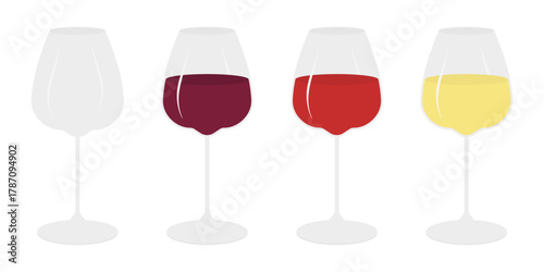 Half Filled Wide Glasses with different Wine Types Red Rose and Wine and Empty Wineglass Flat design. Isolated Vector illustration Wine Day Poster Sticker Icon Promo banner, leaflets, label, price tag