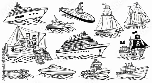 Collection of various ships and boats sailing on the water with different designs.