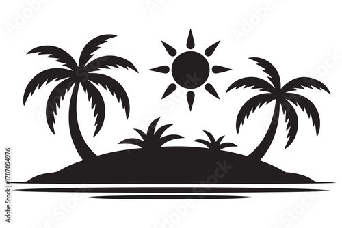 Tropical island tree silhouette icon with palm tree and ground shadow on a clean white background
