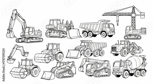 Hand drawn collection of heavy construction machinery vehicles.