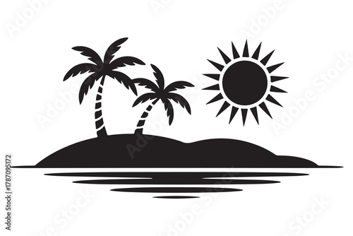 Tropical island tree silhouette icon with palm tree and ground shadow on a clean white background
