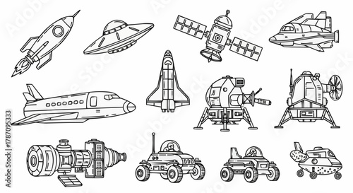 Collection of various space vehicles and spacecraft illustrations in black and white.