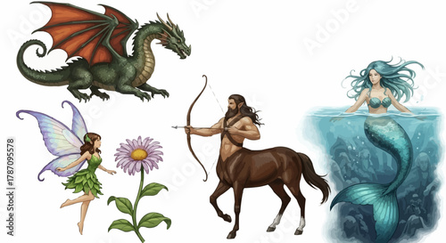 Mythical Creatures Collection Dragon Fairy Centaur Mermaid Fantasy Art.