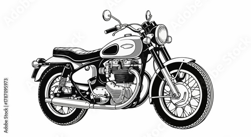 Classic Vintage Motorcycle Illustration Black and White Drawing.