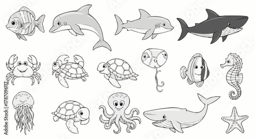 Collection of various marine animals in outline style.