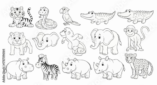Collection of Cute Cartoon Safari Animals Outline Drawing.