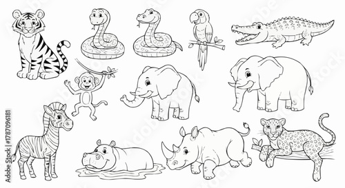 Collection of Cute Cartoon Jungle Animals for Coloring Book.