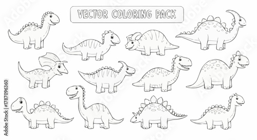 Adorable collection of various cartoon dinosaur outlines for childrens coloring activities.