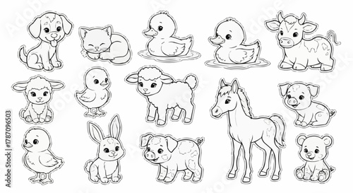 Adorable Farm Animals Collection for Coloring Book.