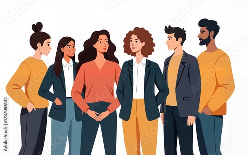 Group of happy diverse multiethnic business people standing together. Team of colleagues in different ages. Isolated vector illustration. High quality