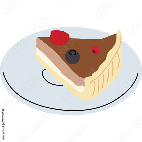 A Slice of Decadent Chocolate Cake Topped With Fresh Red Raspberries and Blueberries Served on a Light Blue Plate with a Transparent Background