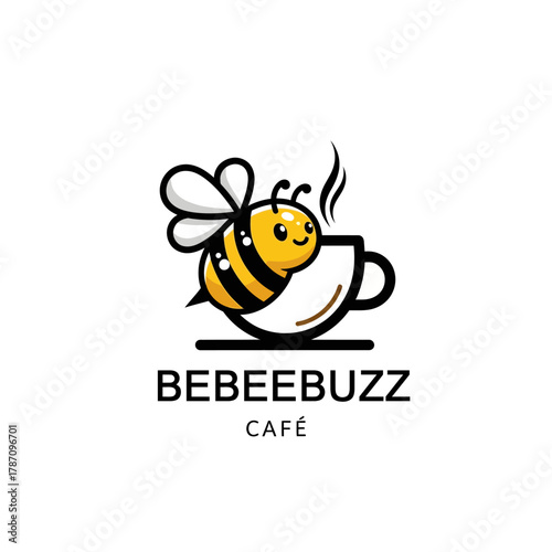 A charming logo features a cartoon bee with a happy face perched on a steaming cup, conveying a sense of warmth and inviting atmosphere for a cafe.