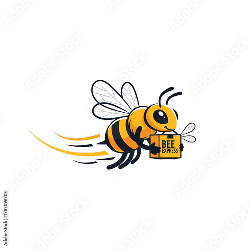 A cartoon bee with black stripes is flying quickly while carrying a cardboard box labeled "Bee Express" against a clean white background.