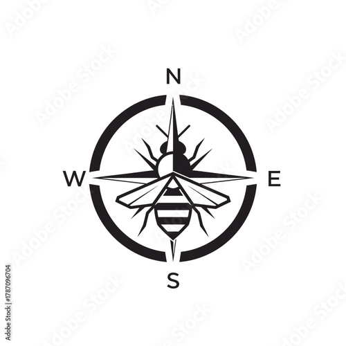 A striking black and white graphic features a bee superimposed on a compass rose, creating a unique and symbolic design with navigational and natural elements.
