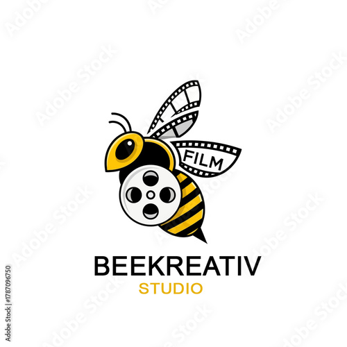 A captivating logo design features a bee incorporating film elements, ideal for a creative studio specializing in film production and visual arts services.
