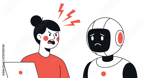 Frustrated customer yelling at sad robot assistant with laptop error