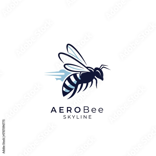 A stylized vector graphic shows a bee in flight with a blue trail, ideal as a logo for an aviation or technology company, or a honey-related business.