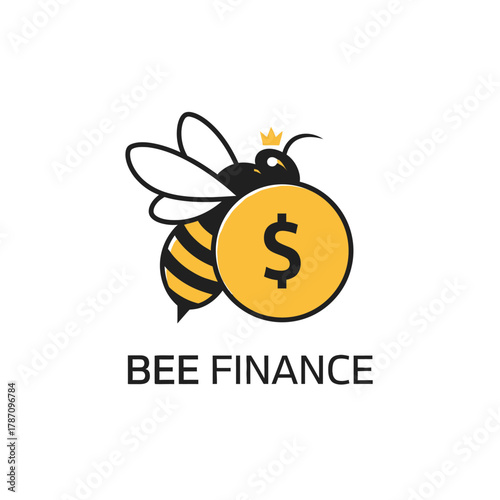 A whimsical logo design featuring a bee wearing a crown and carrying a dollar coin, symbolizing financial prosperity and industriousness in business ventures.