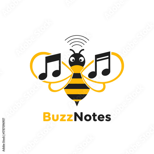 A vector logo depicts a bee with music notes as wings, suggesting a connection between music, nature, and the concept of buzzing sounds, with a playful design.