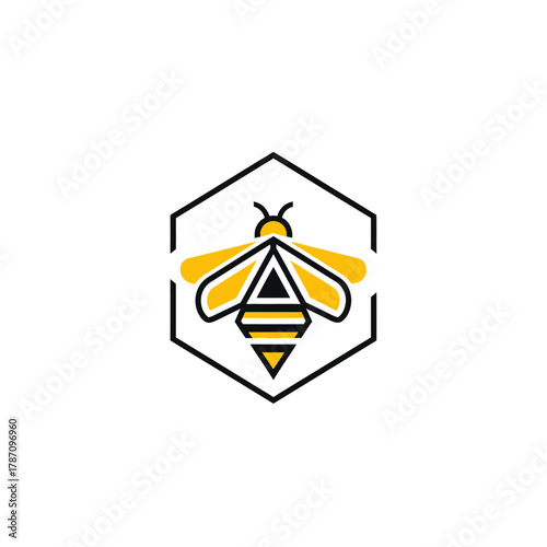 A minimalist vector logo design featuring a bee inside a hexagon shape, perfect for honey, beekeeping, or natural product brands, with a clean and modern aesthetic.