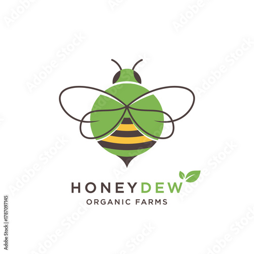A charming, minimalist logo showcasing a green and yellow bee, representing Honeydew Organic Farms with a focus on natural and sustainable practices.
